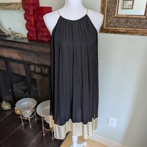 NEW Maggy London Size 8 Silk Two-Toned Halter Style Dress Black Tan A-line Pleat